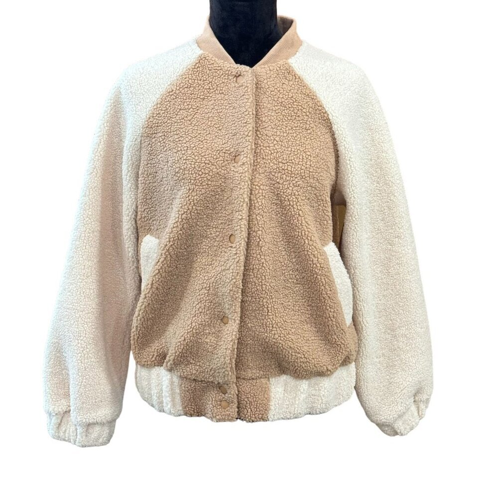 New In Women's Sherpa Bomber Jacket Beige & White S